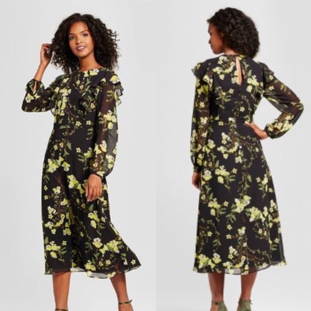 Who What Wear Black & Yellow Floral Midi Dress w/Ruffles and Long Sleeves